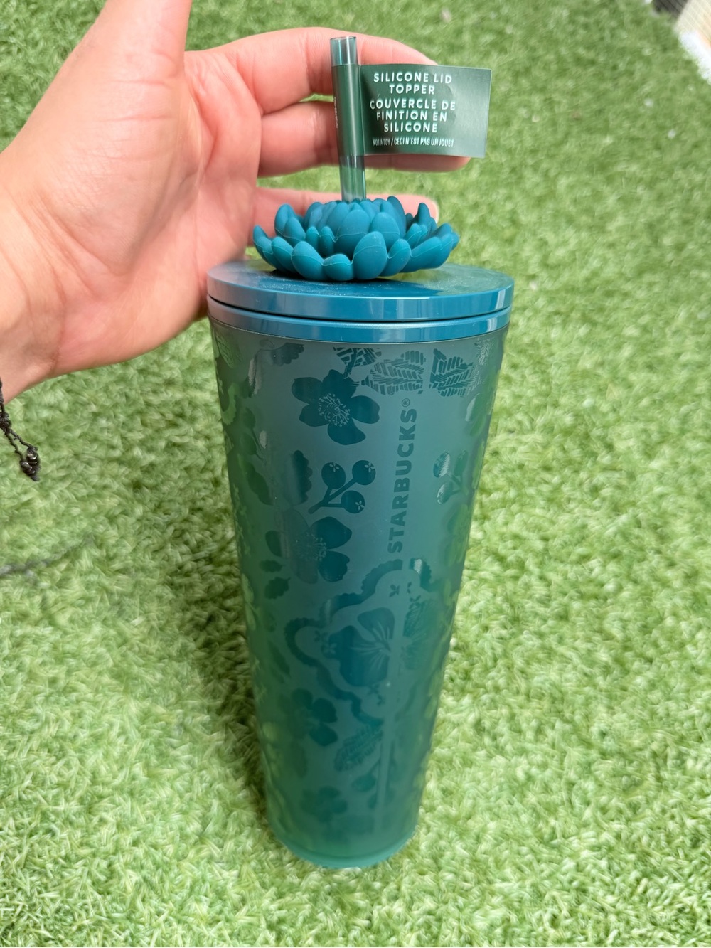 Starbucks Teal Floral Cold Cup Tumbler with Silicone Flower Straw Topper(24oz)